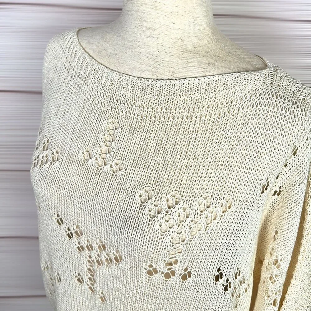 MOODS of NORWAY Cream Knit Top Seeater Boat Neck Batwing Sleeves Linen Blend M